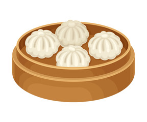 Semi-product Dumplings Served on Wooden Plate Side View Vector Illustration