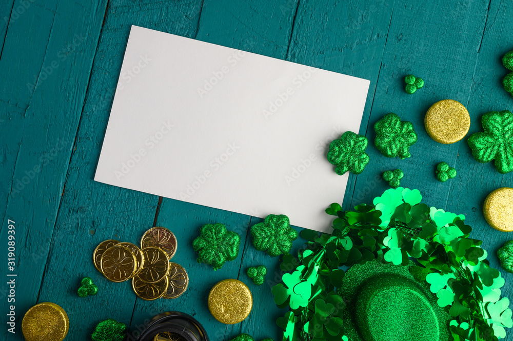 Wall mural st. patrick's day background for congratulation, greeting card for design. leprechaun coins, clover 