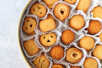 An overhead or flat lay view of Danish butter cookies in the traditional tin box. valentines day gift. with copy space