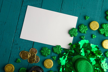 St. Patrick's Day background for congratulation, greeting card for design. Leprechaun coins, clover...