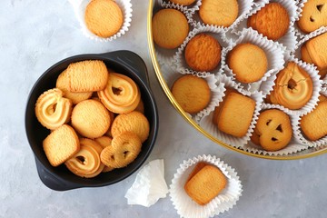 An overhead or flat lay view of Danish butter cookies in the traditional tin box. valentines day gift. with copy space