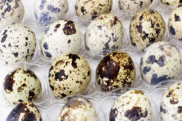 Obraz premium A lot of quail eggs in the package. Selective focus. Background with quail eggs. Concept farm, poultry farming, easter. Copy space