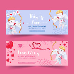 Love banner design with cupid, leaf, hearts watercolor illustration