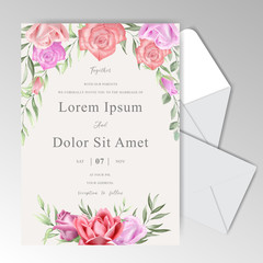 Beautiful Wedding Invitation Cards Template with Watercolor Greenery and Roses