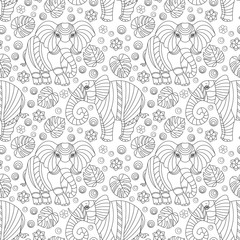 Seamless pattern with elephants, contour animals, flowers and leaves , dark outlines on a white background