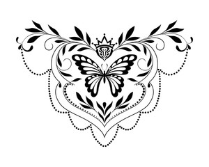 Decorative black and white pattern with the image of a butterfly, leaves and curls. Vector tattoo.