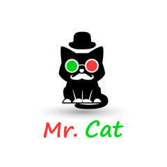 Cat logo with glasses .Animal hipster lifestyle design. vector illustration