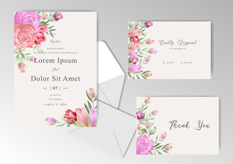 Beautiful Wedding Invitation Cards Template with Watercolor Greenery and Roses