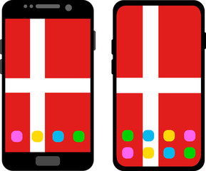 Two black smartphones with a home screen and wallpaper with the flag of Denmark: old model with gray buttons and new model without buttons. Vector graphics, illustration