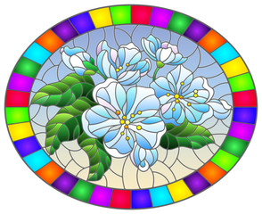 Illustration in stained glass style with a branch of cherry blossoms, flowers, buds and leaves on a blue background, oval image in bright frame