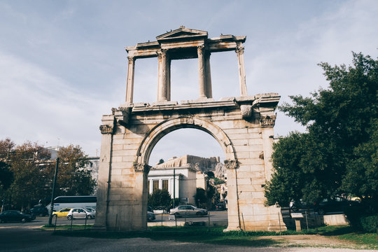 Athens, Greece - Dec 21, 2019: The Arch of Hadrian (Hadrian's Gate), Athens, Greece