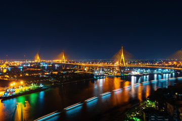 Fototapeta na wymiar Bhumibol suspension bridge over Chao Phraya River at night in Bangkok city, Thailand