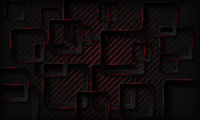 Black tech squares with red glowing neon light abstract background. Texture with geometric pattern and overlap layer. Modern technology background.