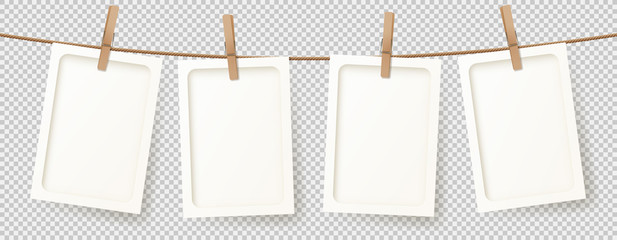 Vector banner with realistic retro photo frames. Vector illustration with blank photo cards hanging on rope. Mockup concept isolated on transparent background. © Yaran