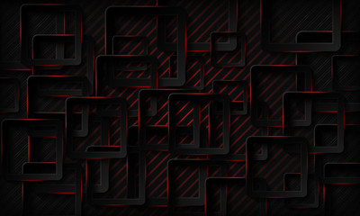 Black tech squares with red glowing neon light abstract background. Texture with geometric pattern and overlap layer. Modern technology background.