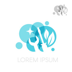 Cleaning logo symbol. Bubble cloud with tools and leaves design elements.