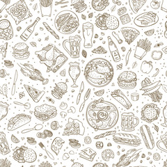 Beer and pub food vector pattern. Hand drawn doodle food