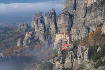 Meteora, Greece - Dec 19, 2019:  Monastery of Moni Agias Varvaras Roussanou and the spectacular massive rocky pinnacles of Meteora, Thessaly, Greece