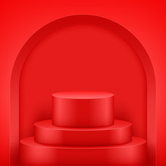 Presentation circle podium with arch ant three level. Red color. Editable Background Vector illustration.