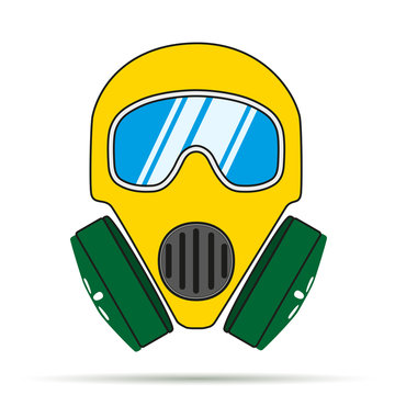 Gas mask flat icon. Yellow and green color. Stencil symbol gas mask of toxic protect. Vector illustration Isolated on white background.