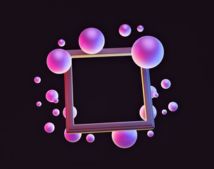 abstract Geometric shapes with a frame. modern minimal style. colorful spheres or balls isolated on black background. 3d rendering