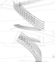 Spiral Staircase Construction Structure Of Lines Vector. Spiral Stairway Isolated Illustration On White Background. 