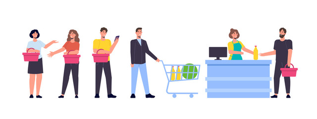 People  in line store concept.  Waiting in queue. Online shopping.  Vector illustration flat design style.