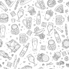 Beer and pub food vector pattern. Hand drawn doodle food
