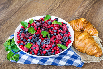 Healthy Breakfast with Forest Fruits and Croissants 