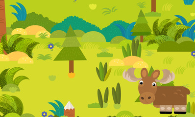 Obraz premium cartoon forest scene with wild animal moose elk illustration