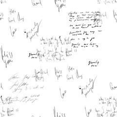 Seamless abstract text pattern. Handwritten font on a white background. Ink on paper