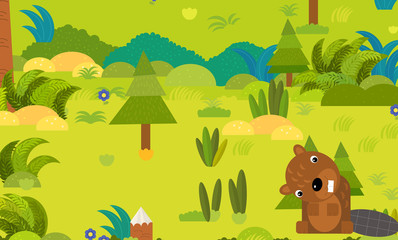 cartoon forest scene with wild animal beaver illustration