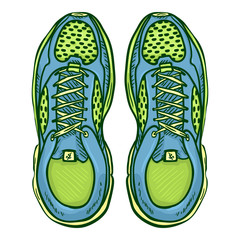 Vector Cartoon Green and Blue Running Shoes.