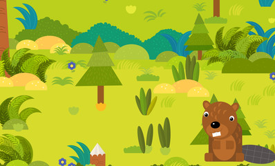 cartoon forest scene with wild animal beaver illustration