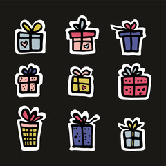 Set of icon gift box in simple free hand drawing style. Collection of colorful symbol of  presnt. Bright box in outline style isolated on black background. Stiker set. Design party pictogram.