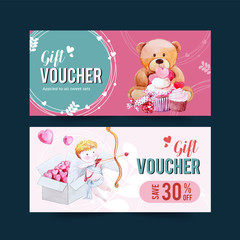 Love voucher design with teddy bear, cupid watercolor illustration.