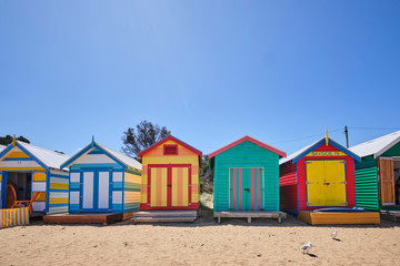 Fototapeta premium Brighton Beach huts/boxes on a blue sky sunny day with bright colours and textures