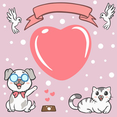 Greeting card, postcard with cute cartoon cat and dog