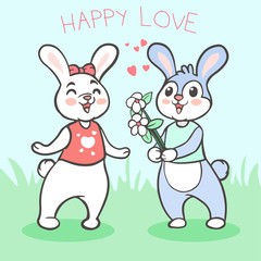 Obraz na płótnie Canvas Cute rabbit boy gives flower to girl