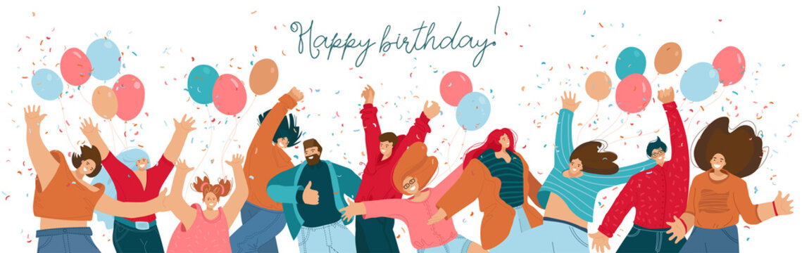 Happy birthday concept with celebrating cheerful, joyfull people with baloons, raided hands, smiling and confetti. Happy people dance and celebrate frends birthday. festivity people