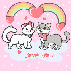 Couple love of cute cartoon cats