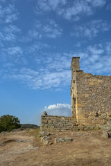 View of a religious church ruins, medieval village inside fortress castle of Castelo Mendo