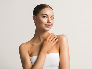 Woman beauty with hands beautiful body natural make up cosmetic concept healthy skin and hair nails...
