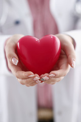 Female doctor hold in arms and cover red toy heart closeup. Cardio therapeutist student education...