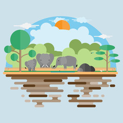 Elephant Family in the forest flat scene background vector design.