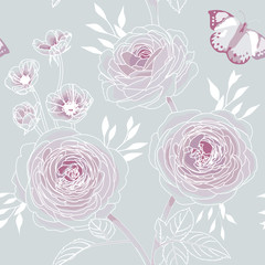 Nahtlose Mustertapete der Rosenblume, auf grauem Hintergrund Auch im corel abgehobenen Betrag. Lila Blumenmuster für Tapeten oder Stoffe. Vektor