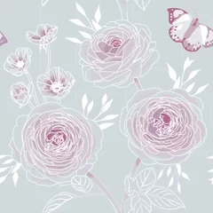 Keuken foto achterwand Rozen Rose bloem naadloze patroon behang, op grijze achtergrond. Paars bloemenpatroon voor behang of stof. vector