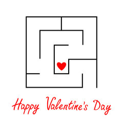 Happy Valentines Day. Labyrinth maze. Red heart sign symbol. Find your love concept. Intricacy. Flat design. White background. Isolated.