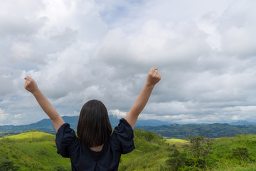 young cute Japanese Asian hipster girl travelling at beautiful sky  mountains scenery park hiking views at Phu Thap Boek Phetchabun Thailand guiding  idea for female backpacker woman women backpacking