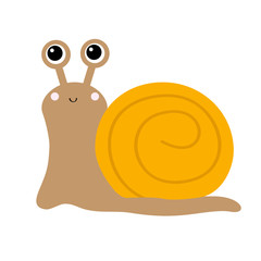 Cute snail icon. Cartoon kawaii funny kids baby character. Insect isolated. Orange shell house. Big eyes. Smiling face. Flat design. White background.